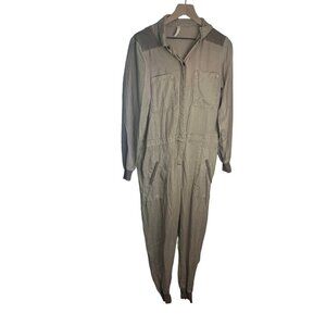 Free People Coveralls Jumpsuit FP Movement Womens Sz M Tencel Collared Beige Tan